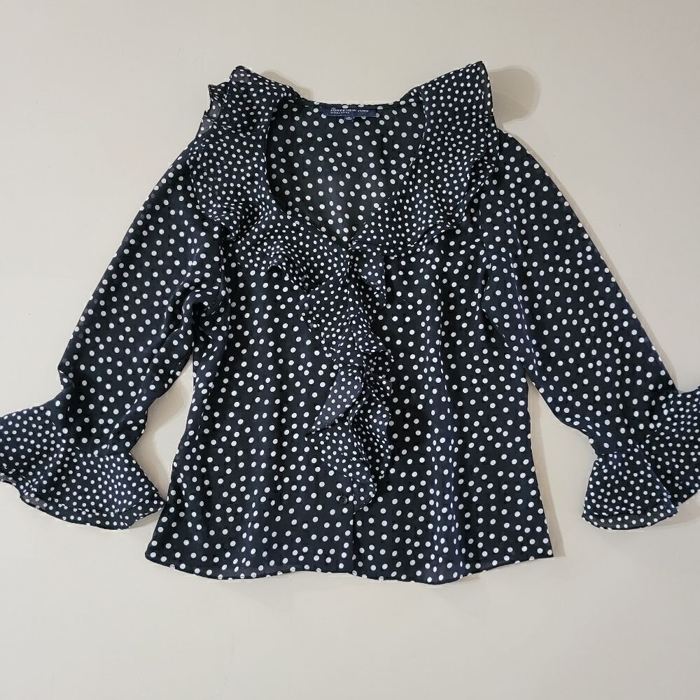Jones New York Women's Black Polka Dot Ruffle Frill Blouse